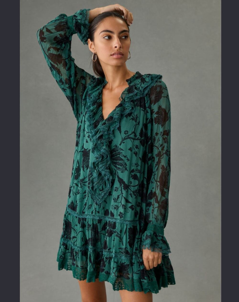 Florence Balducci Ruffle V-Neck Tunic Dress Emerald SZ S